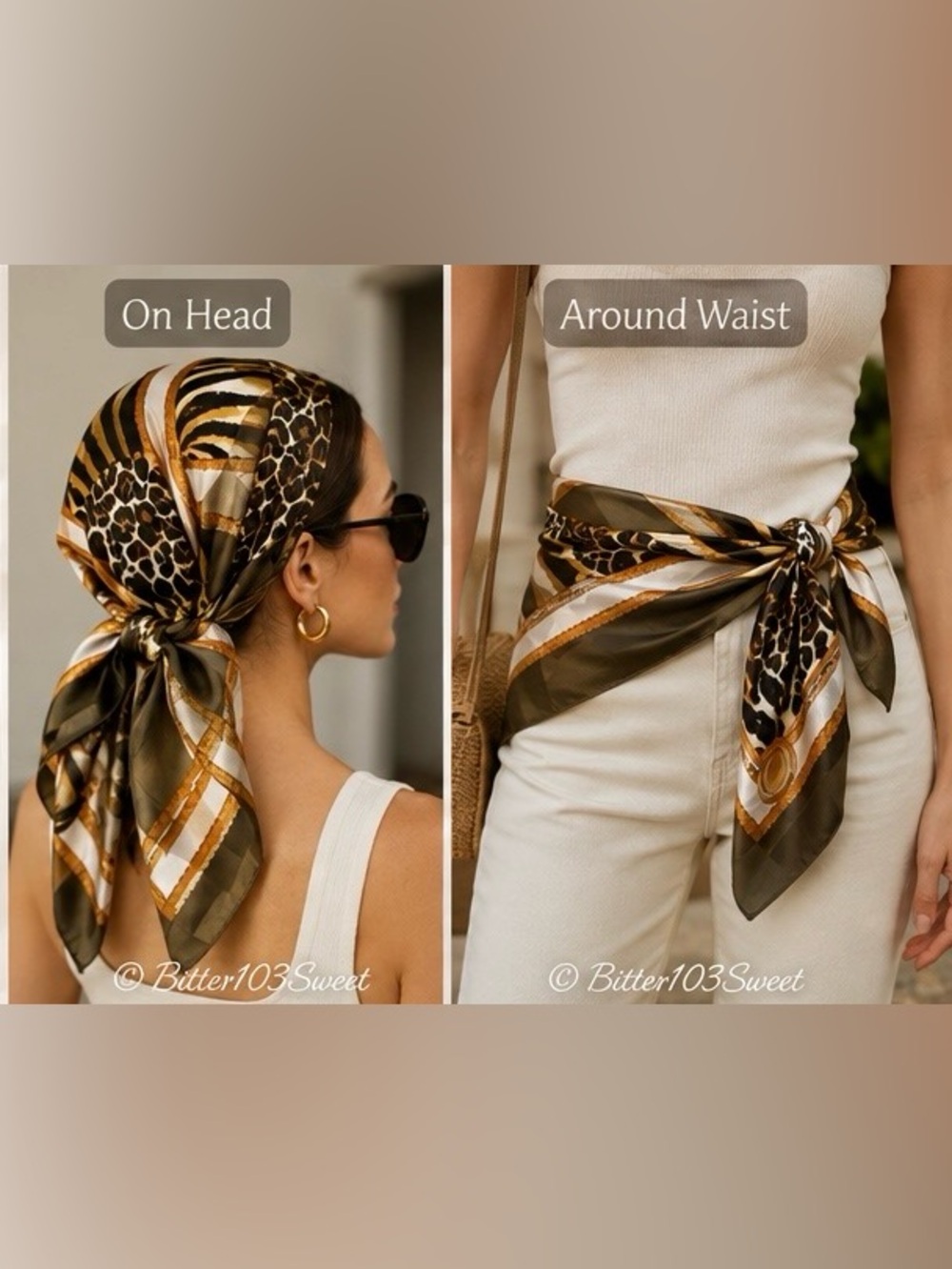 Bundle of 2 Elegant Silk Fashion Scarves | Animal Print & Baroque Chain Print - Picture 3 of 9